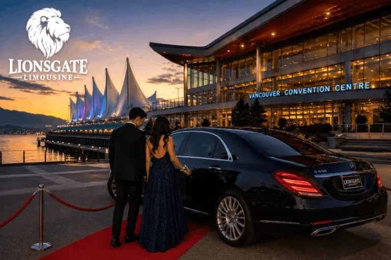 Luxury black sedan limousine service at Vancouver Convention Centre with elegant prom couple and evening waterfront cityscape.