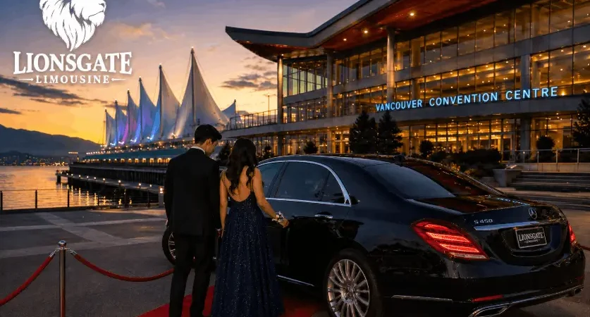 Luxury black sedan limousine service at Vancouver Convention Centre with elegant prom couple and evening waterfront cityscape.