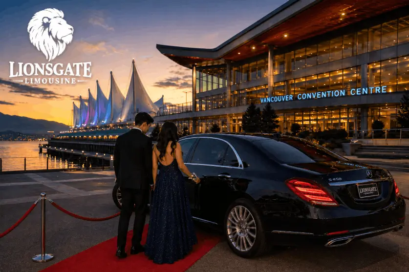 Luxury black sedan limousine service at Vancouver Convention Centre with elegant prom couple and evening waterfront cityscape.