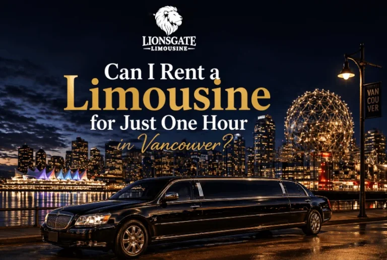 Luxury black stretch limousine parked at Vancouver waterfront at night with city skyline lights, featuring Lionsgate Limousine branding