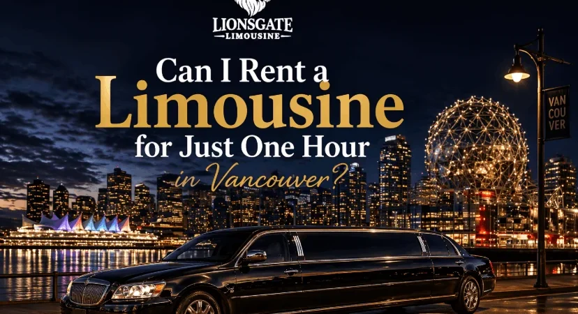 Luxury black stretch limousine parked at Vancouver waterfront at night with city skyline lights, featuring Lionsgate Limousine branding