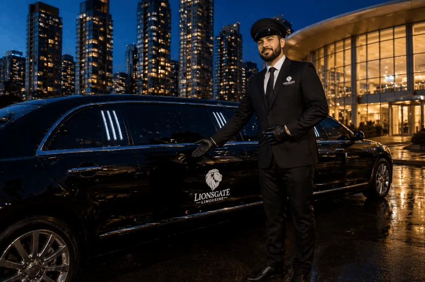 Luxury chauffeur standing beside a black stretch limousine in Vancouver at night, professional uniform, premium limousine service with city skyline backdrop.