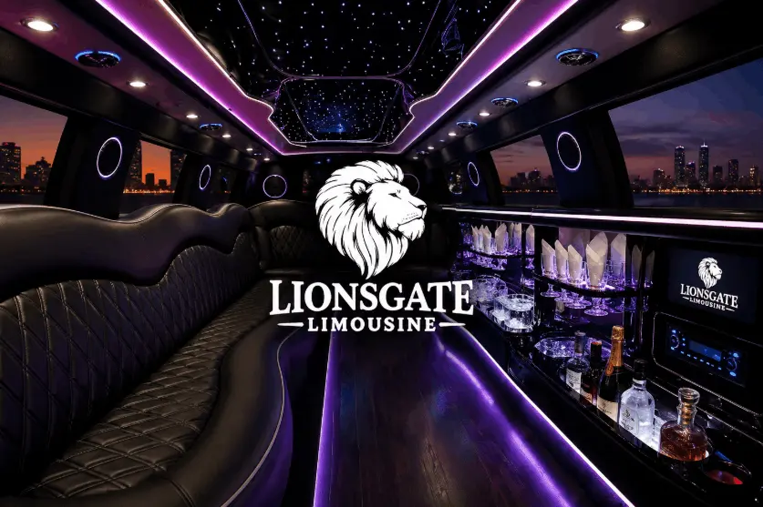 Luxury limousine interior with LED lighting, leather seats, minibar, and Lionsgate Limousine logo in a panoramic night setting