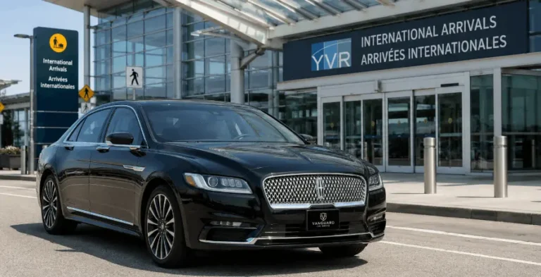 Luxury Vancouver airport transfer sedan at YVR International Arrivals terminal