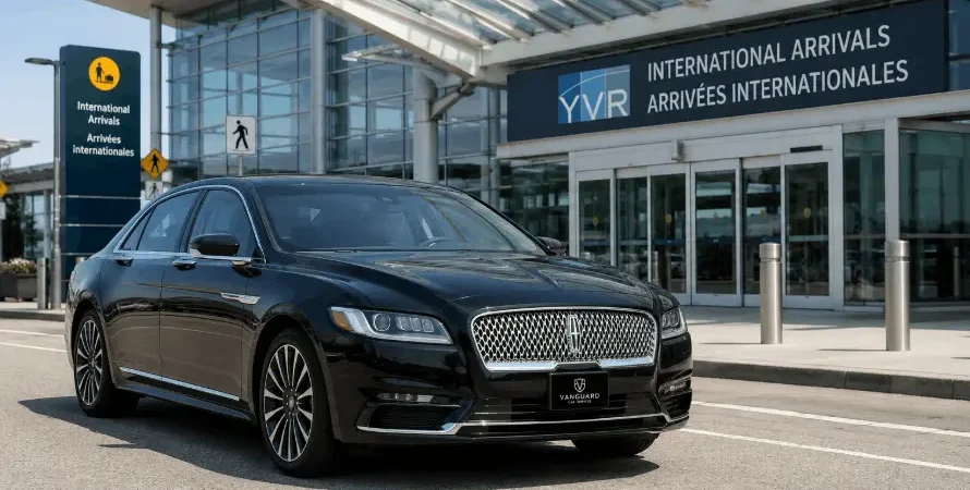 Luxury Vancouver airport transfer sedan at YVR International Arrivals terminal