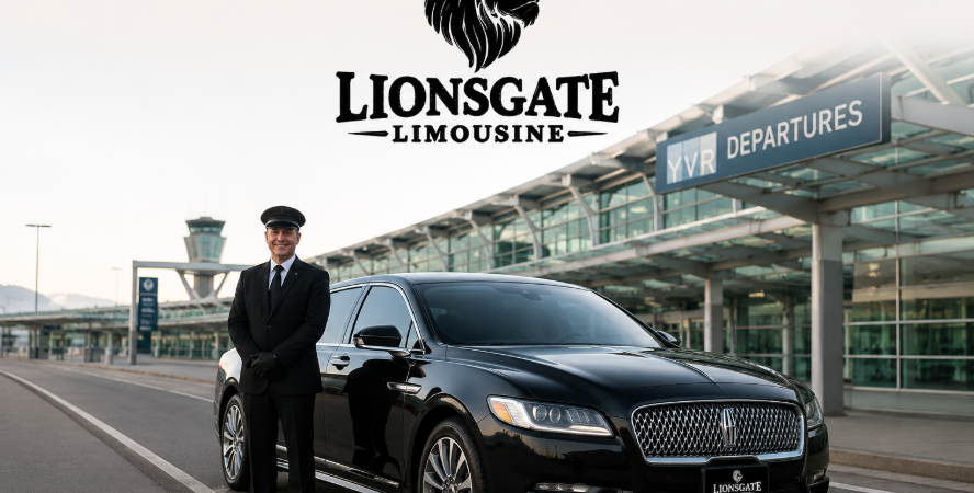 Luxury black Lincoln Continental chauffeur service at YVR Airport Vancouver by Lionsgate Limousine