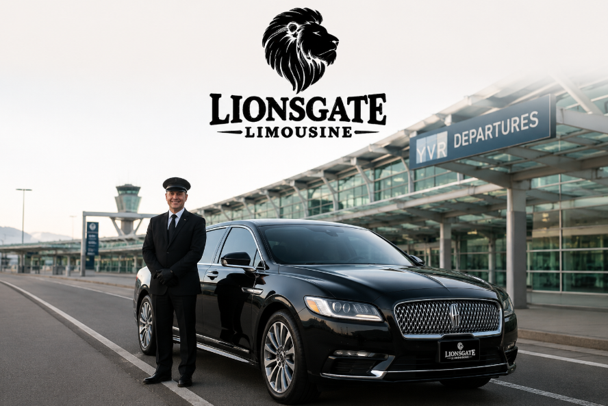 Luxury black Lincoln Continental chauffeur service at YVR Airport Vancouver by Lionsgate Limousine