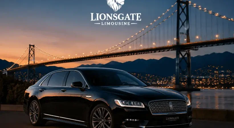 Luxury black Lincoln Continental limousine parked near Vancouver’s Lions Gate Bridge