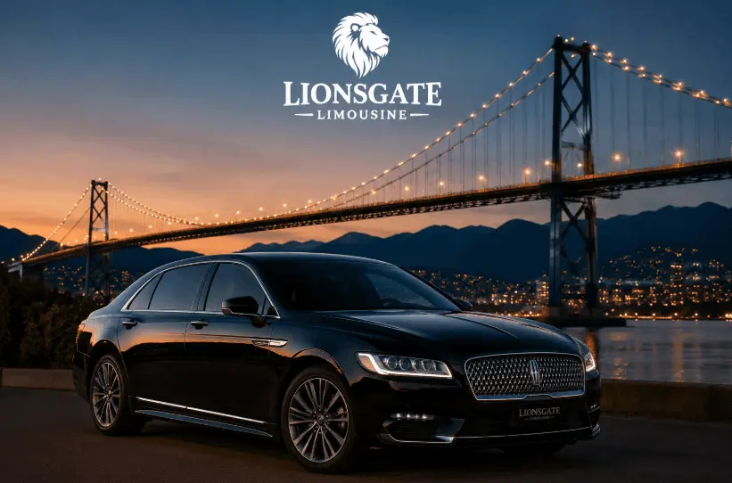 Luxury black Lincoln Continental limousine parked near Vancouver’s Lions Gate Bridge