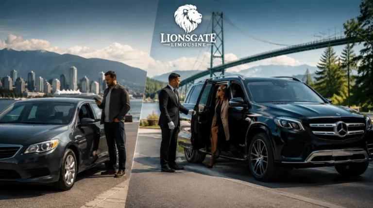 Chauffeur service vs regular car service in Vancouver with luxury SUV, professional chauffeur, and Vancouver skyline backdrop