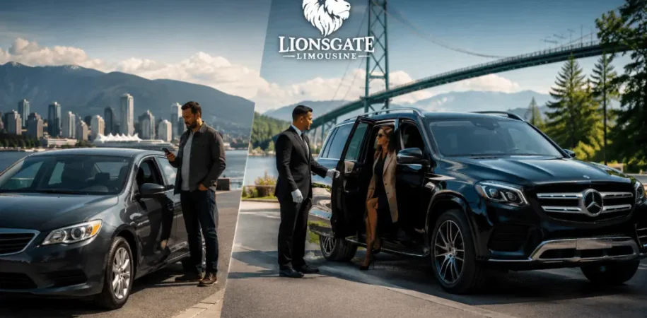 Chauffeur service vs regular car service in Vancouver with luxury SUV, professional chauffeur, and Vancouver skyline backdrop