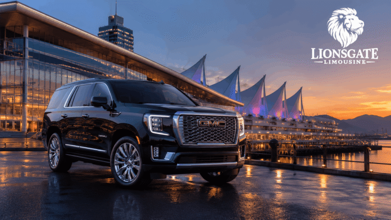 Lionsgate Limousine black SUV at Vancouver Convention Centre dusk