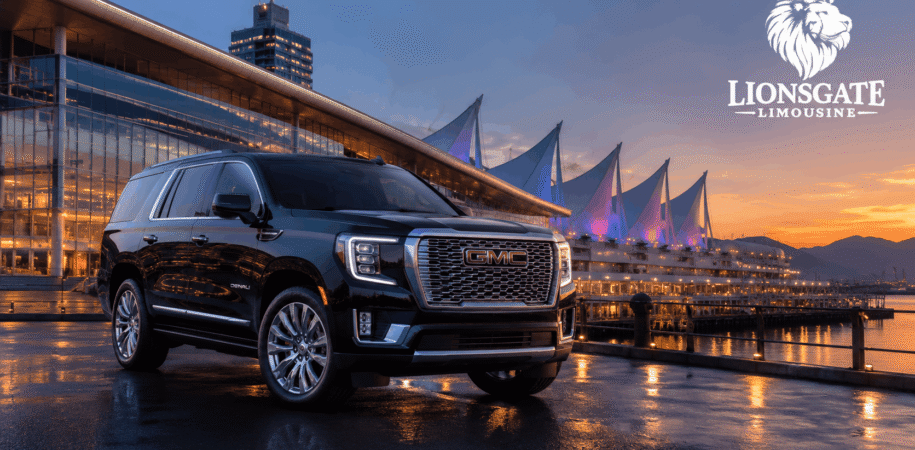 Lionsgate Limousine black SUV at Vancouver Convention Centre dusk