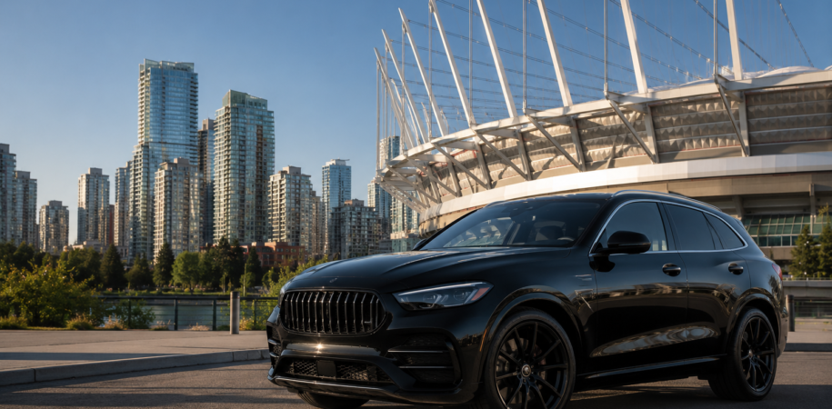 Luxury SUV with stadium and skyline