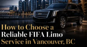 Luxury black limo service in Vancouver with Lionsgate Limousine logo, city skyline, and blog title about choosing a reliable FIFA limo service.