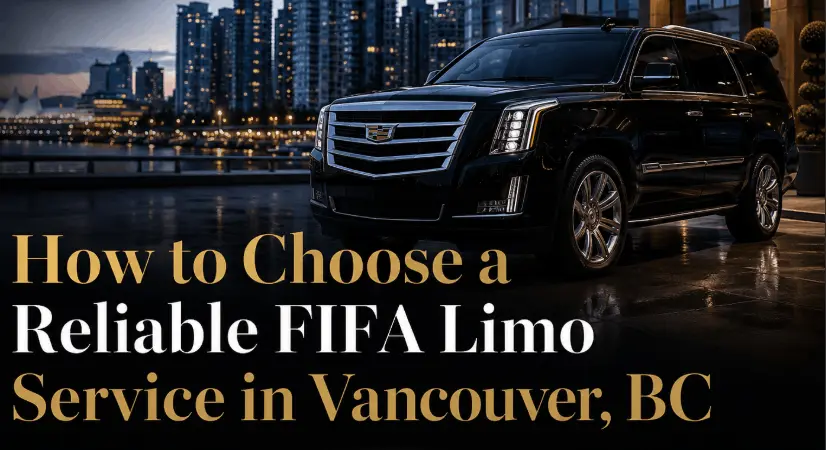 Luxury black limo service in Vancouver with Lionsgate Limousine logo, city skyline, and blog title about choosing a reliable FIFA limo service.