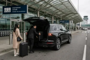 Black SUV curbside at YVR arrivals with chauffeur assisting luggage
