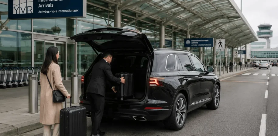 Black SUV curbside at YVR arrivals with chauffeur assisting luggage