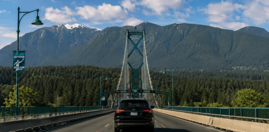 Suspension bridge leading to mountains