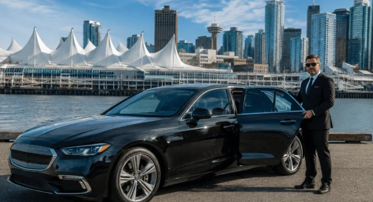 A black luxury sedan or SUV parked in front of a recognizable Vancouver skyline shot Canada Place, driver standing by the open door.