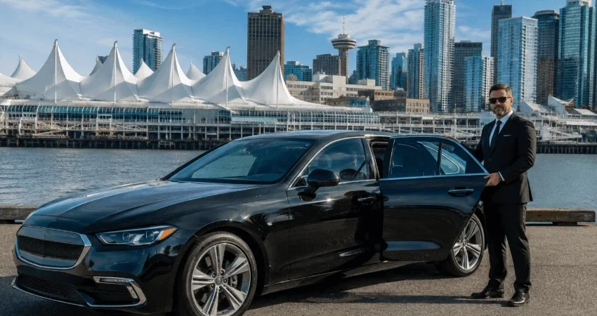 A black luxury sedan or SUV parked in front of a recognizable Vancouver skyline shot Canada Place, driver standing by the open door.