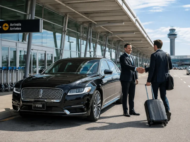 A clean, professional shot of a Lincoln Continental or GMC Yukon Denali parked at YVR arrivals with a chauffeur greeting a traveler