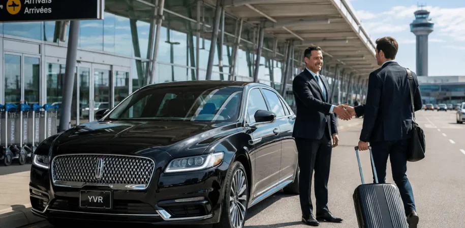 A clean, professional shot of a Lincoln Continental or GMC Yukon Denali parked at YVR arrivals with a chauffeur greeting a traveler