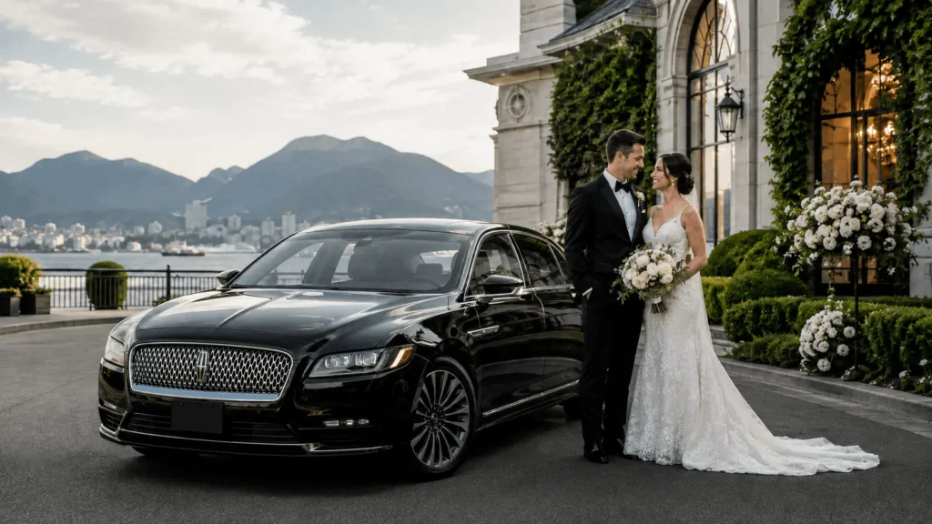 A luxury wedding car Lincoln Continental arked outside a scenic Vancouver wedding venue, with the couple nearby