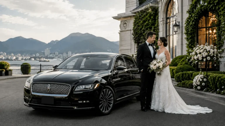 A luxury wedding car Lincoln Continental arked outside a scenic Vancouver wedding venue, with the couple nearby