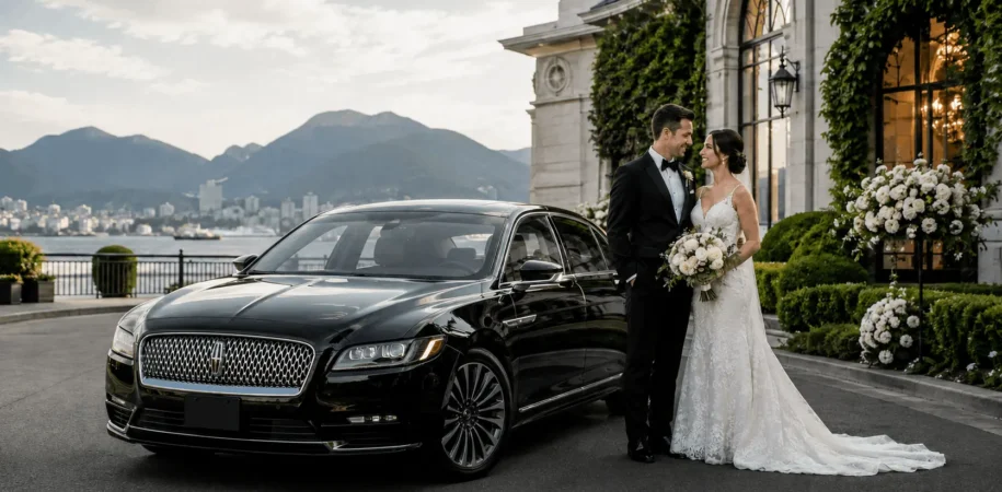 A luxury wedding car Lincoln Continental arked outside a scenic Vancouver wedding venue, with the couple nearby
