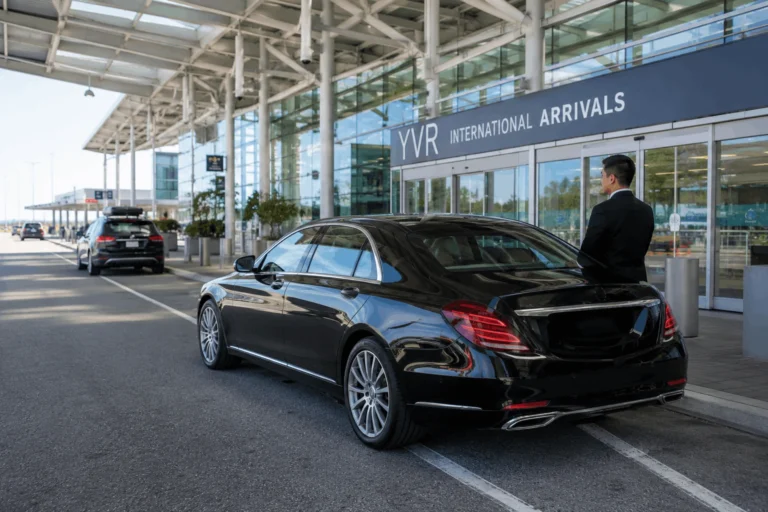 black chauffeur-driven car waiting curbside at YVRs international airport