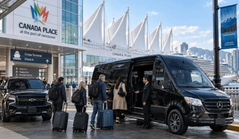 A group of travelers with luggage boarding a black SUV or Sprinter van outside a cruise terminal, with the Canada Place sails visible in the background