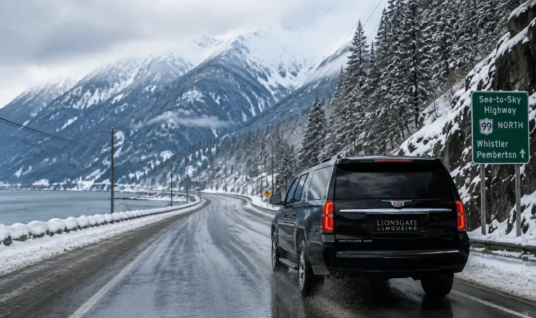 SUV driving on a snowy Sea-to-Sky Highway with mountains in the background
