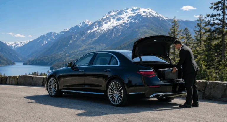 sedan driving along the scenic Sea to Sky Highway with mountains in the background, or a chauffeur loading luggage into a Lionsgate Limousine vehicle.